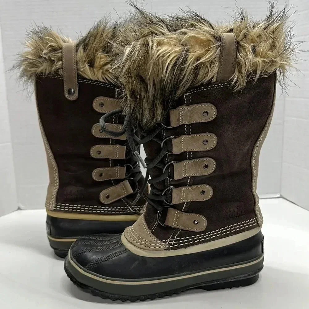 Sorel Joan of Artic Boots Winter Lace Up Brown Waterproof Suede Faux Fur Size 6